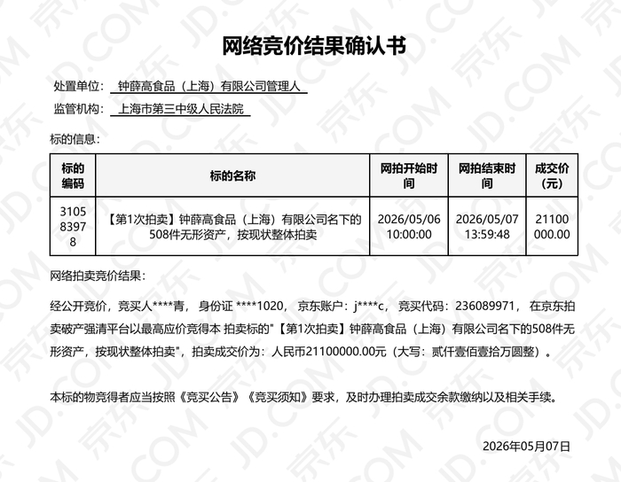 网络竞价结果确认书。