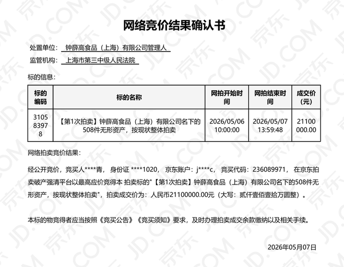 网络竞价结果确认书。