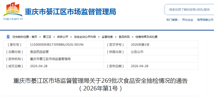 重庆市綦江区市场监督管理局关于269批次食品安全抽检情况的通告（2026年第1号）