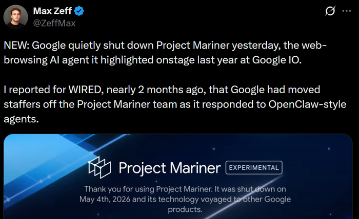 ▲Maxwell Zeff发帖称谷歌默默关停Project Mariner（图源：X）