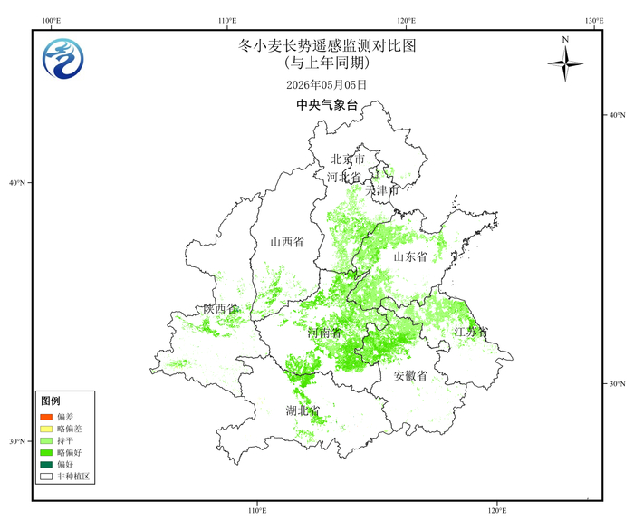 图1&nbsp; 2026年5月5日冬小麦主产省长势遥感监测
