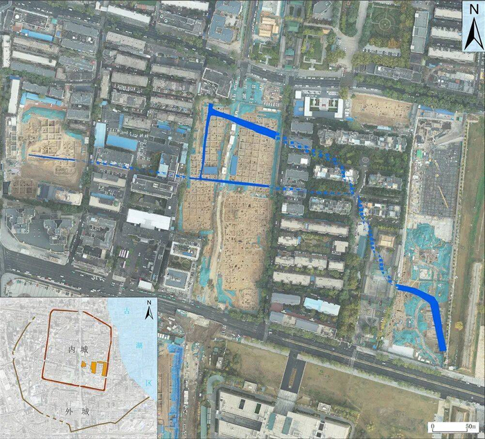 郑州商城内城东南部水系遗存走向位置图