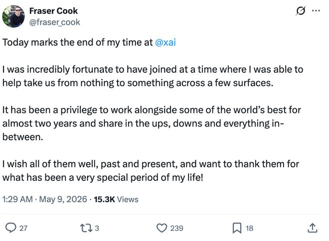 ▲Fraster Cook离职推文（来源：X）