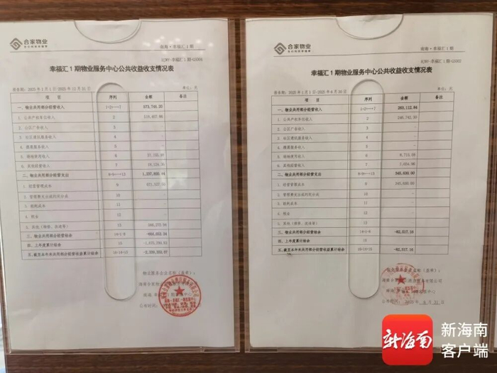 幸福汇1期物业服务中心公共收益收支情况表。记者 赵航 摄