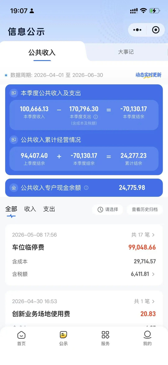 小程序实时显示小区公共收益的收支情况。手机截图