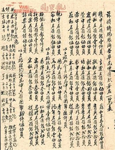 抗战期间，余氏家族成员从美国纽约、檀香山及加拿大寄给家乡的赈济款捐款名单。图源：人民日报海外版