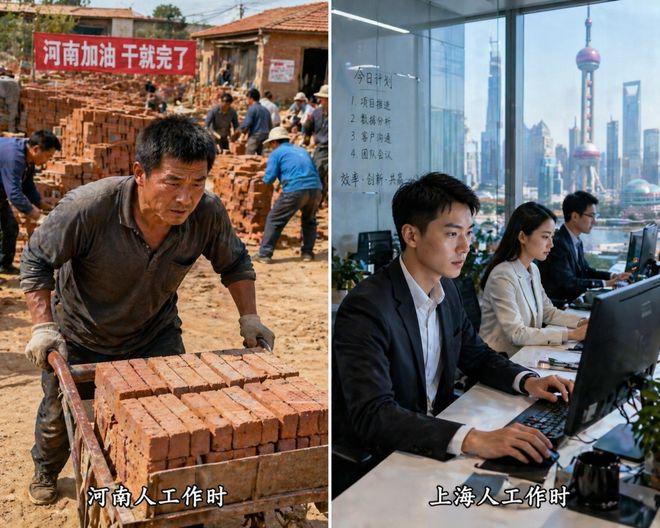 “河南人和上海人在工作”文生图｜图源GPT