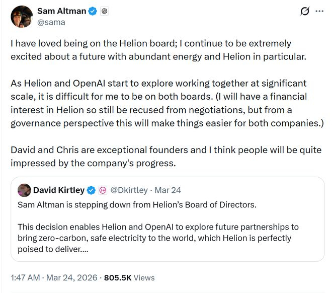 ▲OpenAI联合创始人兼CEO萨姆·奥尔特曼（Sam Altman）发文宣布辞去Helion董事会职务（图源：X）