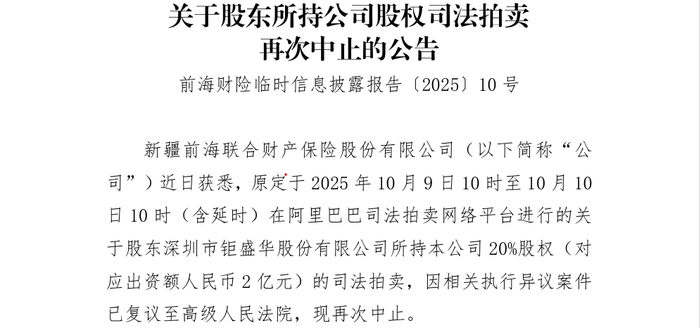 （该股权第一、二次司法拍卖中止公告）