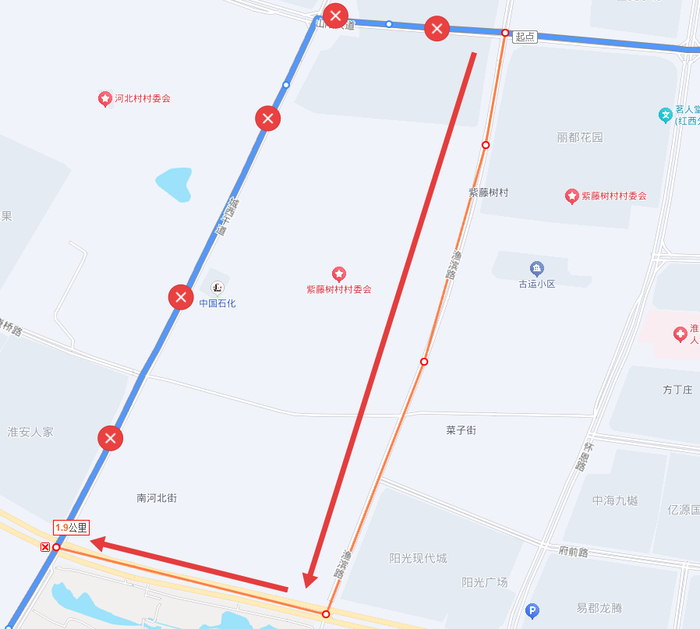 （619路临时绕行走向示意图）