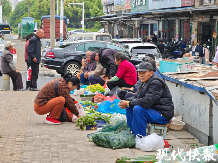 崇川区秦灶街道的林荫水岸潮汐滩区，菜农在摆摊卖菜