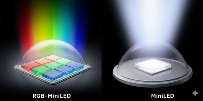 RGB-Mini LED 对比 Mini LED，效果图仅供参考说明