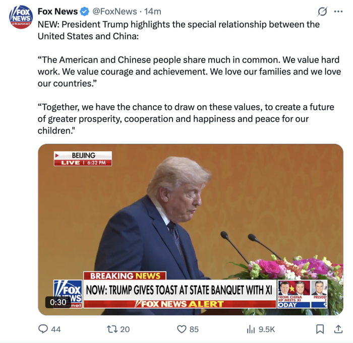 5月14日，美国福克斯新闻台（Fox News）在社交媒体发文。