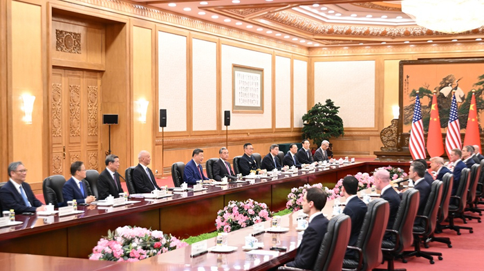 5月14日上午，国家主席习近平在北京人民大会堂同来华进行国事访问的美国总统特朗普举行会谈。新华社记者 李响 摄
