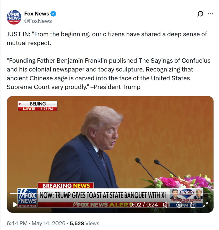 5月14日，美国福克斯新闻台（Fox News）在社交媒体发文。
