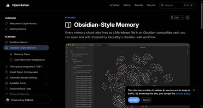 OpenHuman 记忆数据在 Obsidian 中的预览，左侧为文件目录，右侧为记忆节点关系图（来源：官方文档）