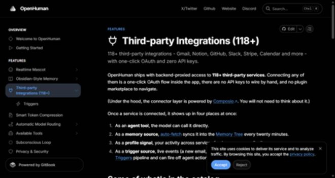 OpenHuman 支持 118+ 第三方集成，覆盖邮件、文档、代码、通讯、支付等品类（来源：官方文档）