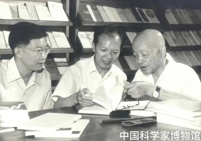 苏步青（右）、谷超豪（中）与李大潜（左）在数学系资料室。图片来自中国科学家博物馆