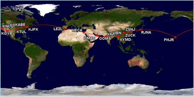 图 | Solar Impulse 2 的航线（来源：Wikipedia）