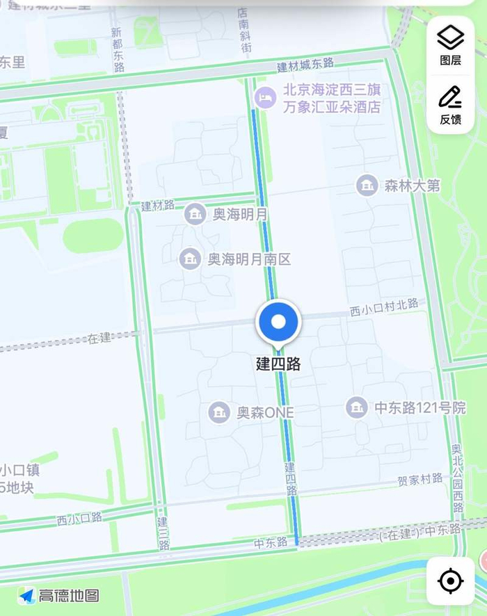 建四路，标注蓝线上端为海淀区与昌平区交界点。地图截图