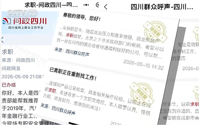 ▲最近，部分网友在“问政四川”等政务平台上发简历求职。图/央视新闻