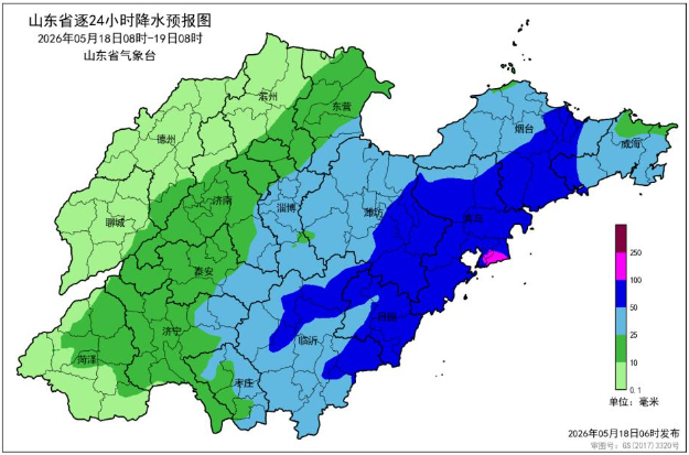 2026年5月18日08时—5月19日08时全省降水量预报（毫米）