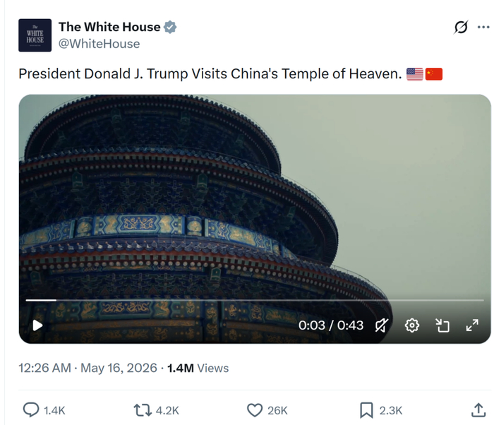 5月16日，美国白宫在X上发布特朗普在天坛参观和天坛风光的混剪视频。