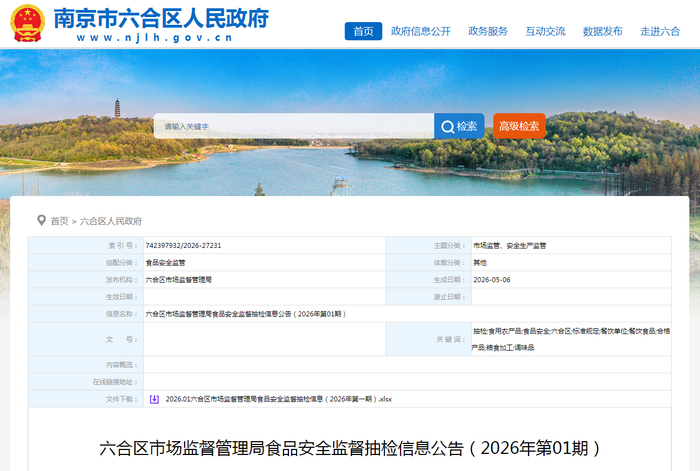 六合区市场监督管理局食品安全监督抽检信息公告（2026年第01期）