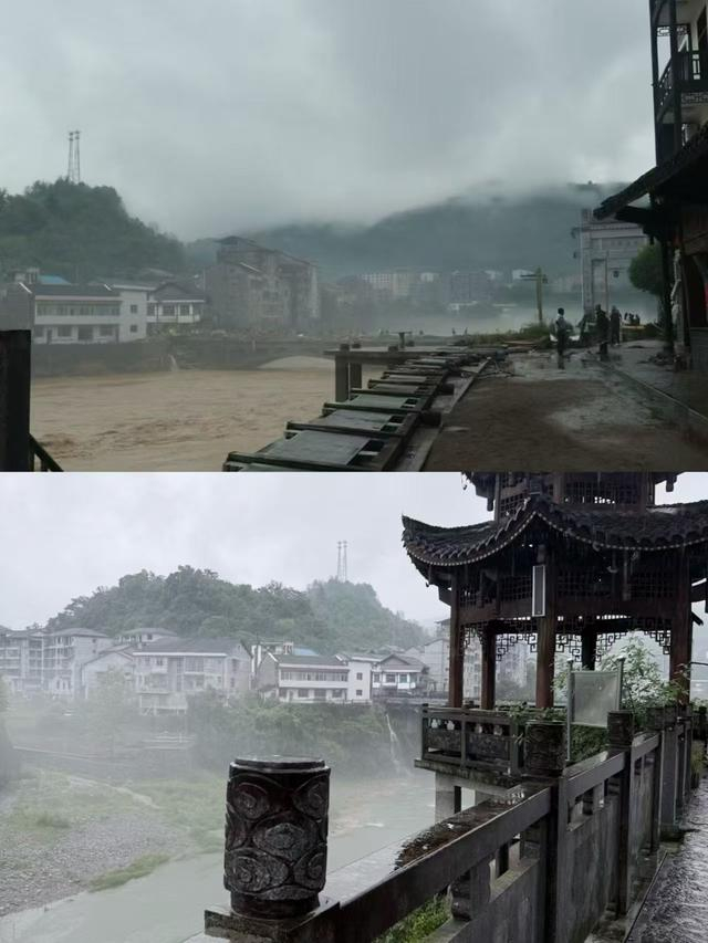 灾后的凉亭（上图）与灾前对比图。受访者供图