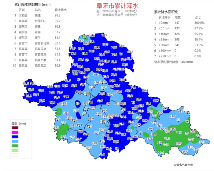 图 1 阜阳市 5 月 17-20 日累计降水量分布图