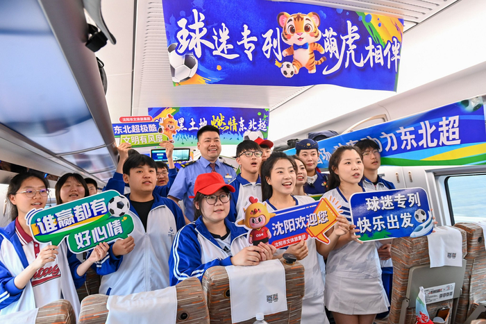 5月23日，国铁哈尔滨局在G106次动车组上打造足球主题车厢。原勇/摄影