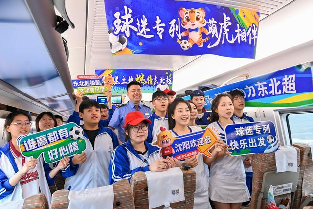 5月23日，国铁哈尔滨局在G106次动车组上打造足球主题车厢。原勇/摄影