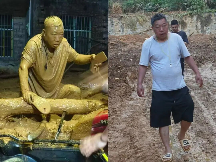 左图：他浑身裹满泥浆