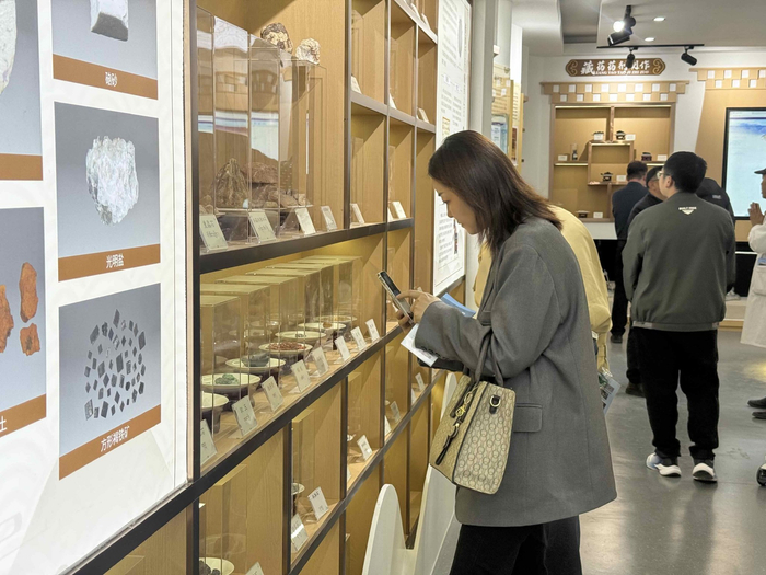图为参观人员驻足矿物标本展区观赏拍照。