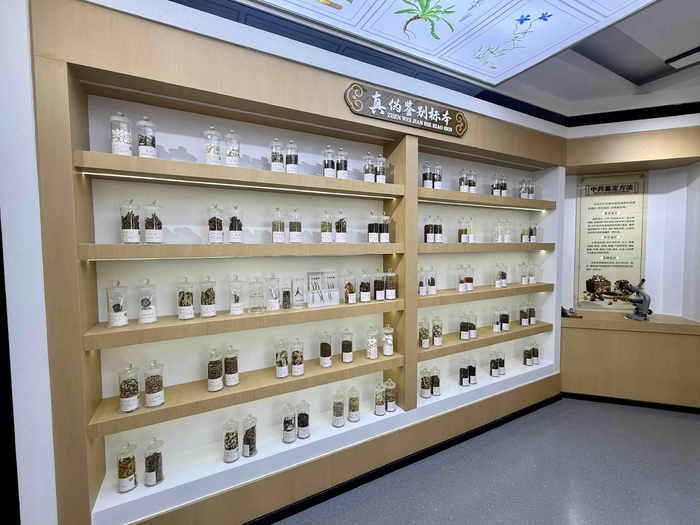 图为陈列的各类中（藏）药材真伪鉴别标本。