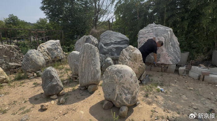 ▲5月13日，泰山附近一户“石农”正在测量一块泰山石的尺寸。新京报记者 齐少乾 摄