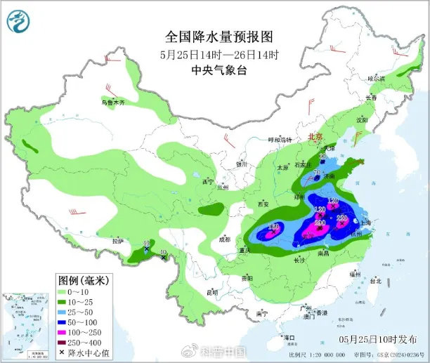 ​5 月 25 日 14 时-26 日 14 时全国降水量预报 图片来源：中央气象台