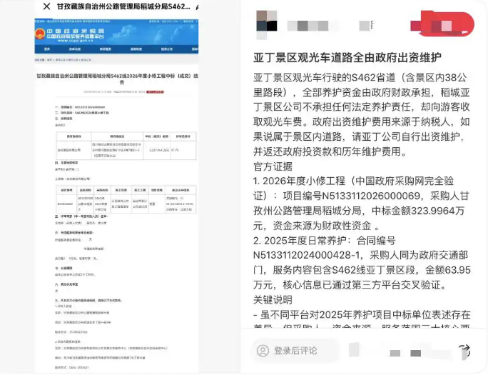 ▲网帖称，稻城亚丁景区截断收费省道日常由政府维护。图/上游新闻