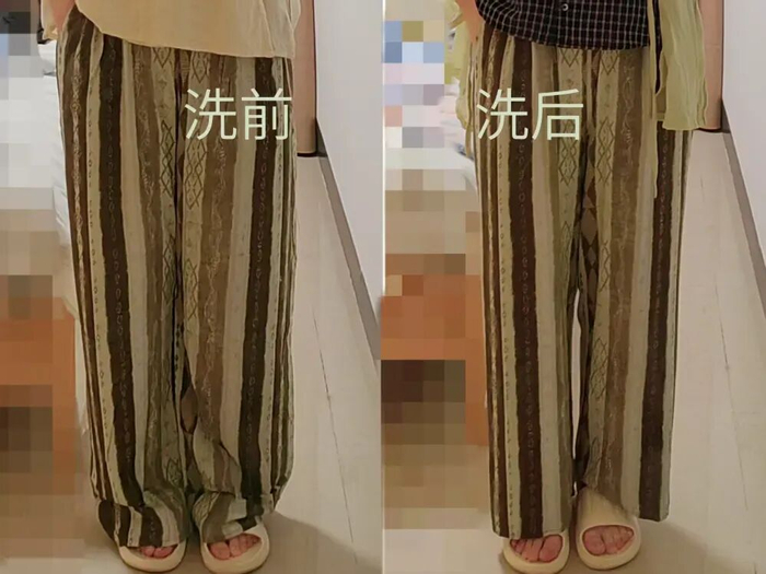 棉绸裤缩水前后的对比。友情提醒，这种布料没有弹性，不做推荐。（图/阿瑞 摄）