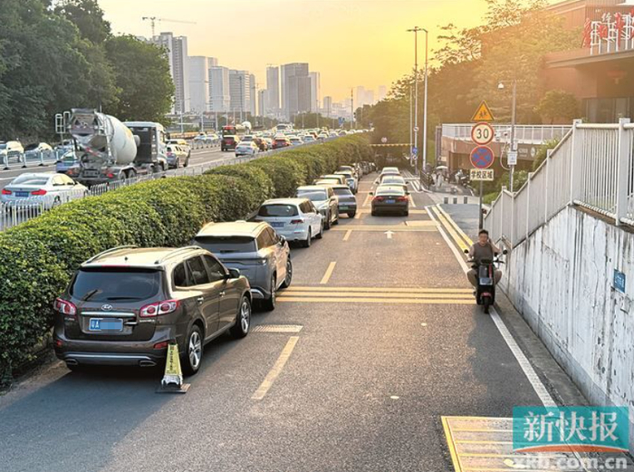 ■茅岗南路，30多辆车占道违停。