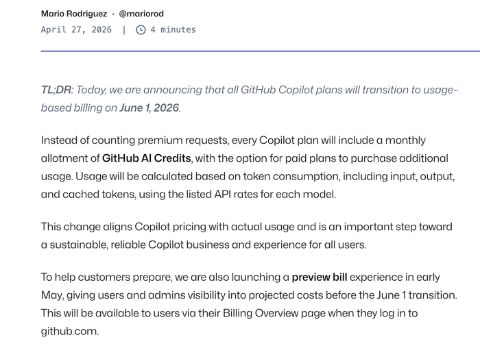 ▲GitHub 4月27日发布以token计费的公告（图源：GitHub）