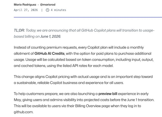 ▲GitHub 4月27日发布以token计费的公告（图源：GitHub）