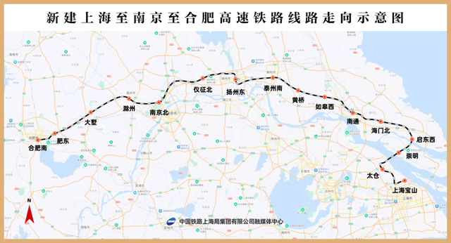沪渝蓉沿江高铁最先建设的上海至合肥段走向示意图。