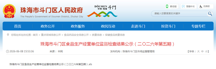 珠海市斗门区食品生产经营单位监督检查结果公示（二〇二六年第五期）