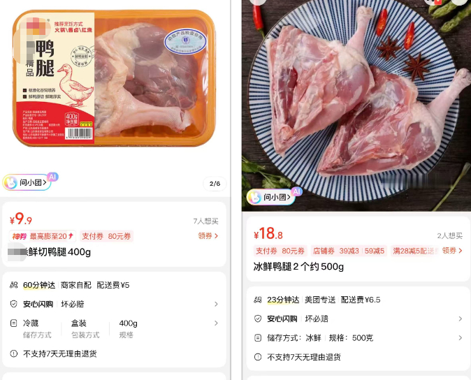 商超平台零售冷鲜鸭腿标价情况