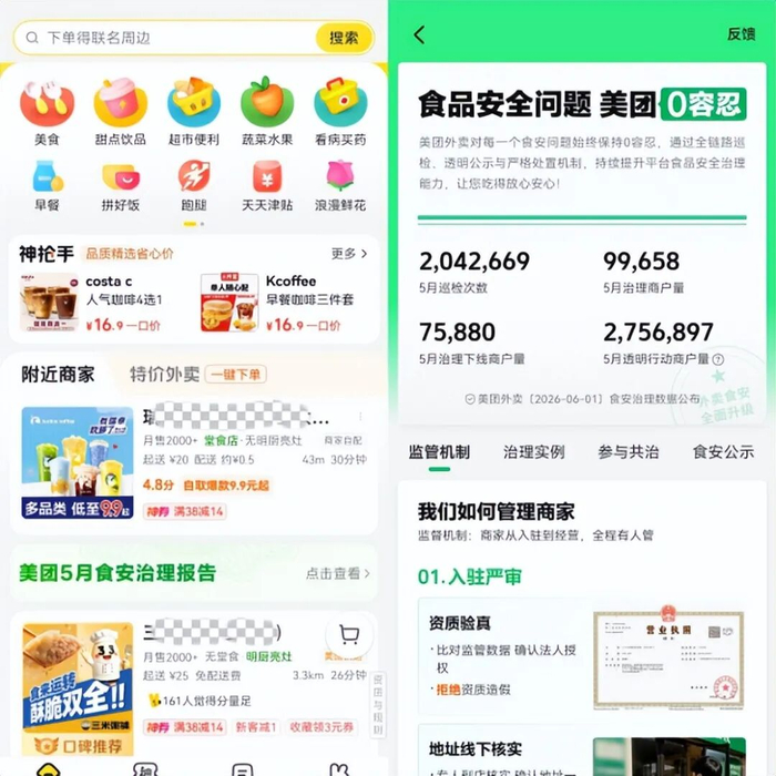▲美团外卖App首页发布治理数据，消费者可随时查看治理进展。（来源：美团外卖App）