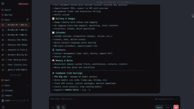 Odysseus 聊天与 Agent 界面演示 | 来源：GitHub 仓库