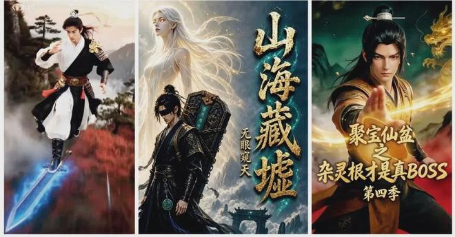 部分热播漫剧的海报：（左起）《斩仙台真人AI版》《山海藏墟：无眼窥天》《聚宝仙盆之杂灵根才是真BOSS》。