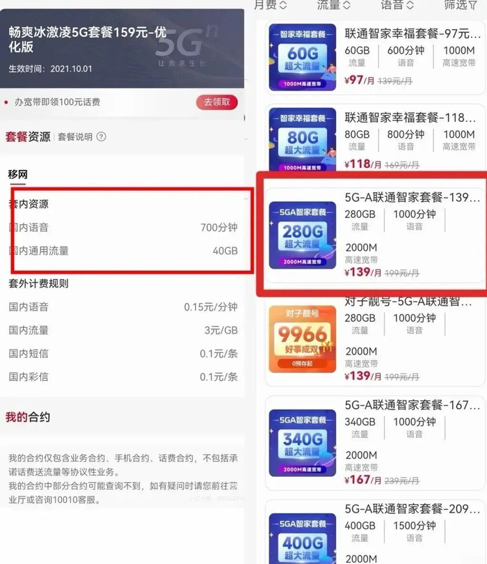 中国联通159元套餐内容与139元套餐内容对比