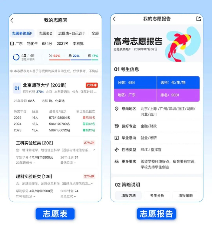 ▲元宝可输出志愿表和志愿报告